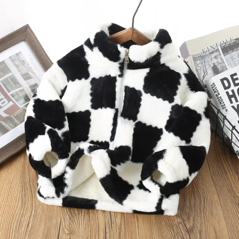 2-15Y Children's Jackets Autumn and Winter Plaid Casual Long Sleeved Zipper Coats Boys Girls Fleece Outerwear