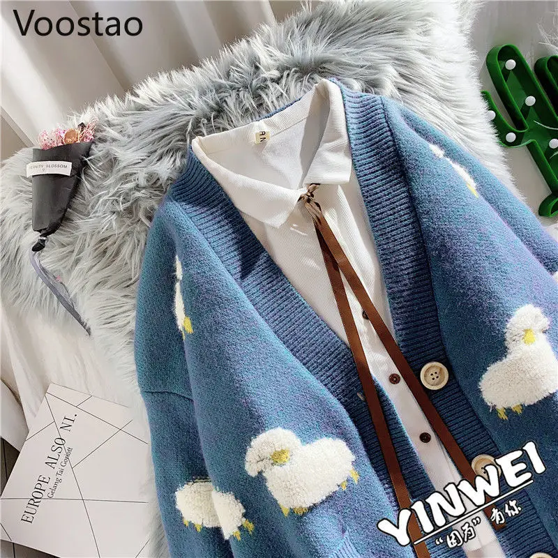 Spring Autumn Women V-Neck Kawaii Sheep Sweater Coat Korean Knitted Cardigan Female Casual Long Sleeve Loose Sueter Mujer Jacket