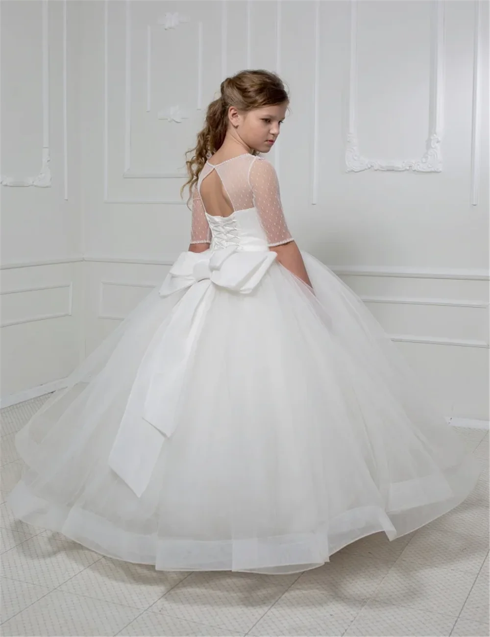 

Elegant White Sleeveless Tulle Bow Belt Flower Girl Dress Ball Beauty Pageant First Communion Gown Kids Birthday Gift Evening