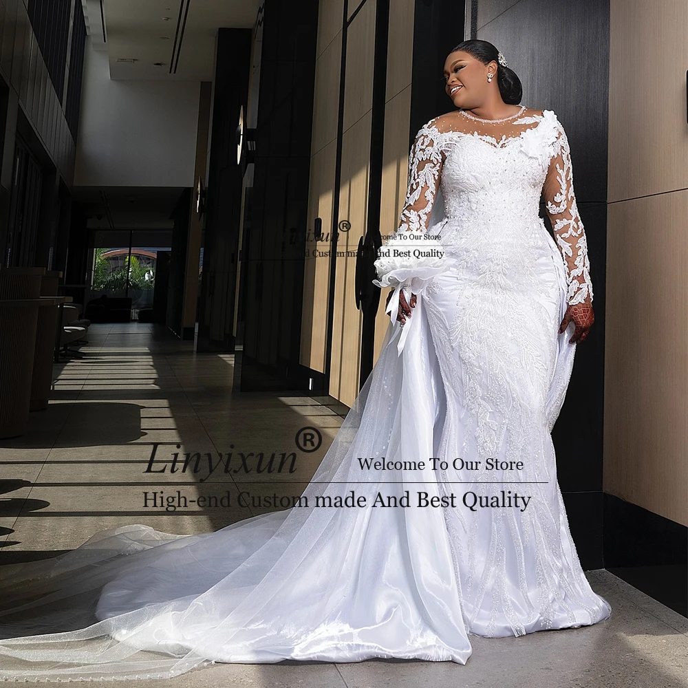 

Elegant Lace Appliques Wedding Dresses for Women Tulle Mermaid Detachable Train Bridal Gowns Customized hochzeitkleider damen