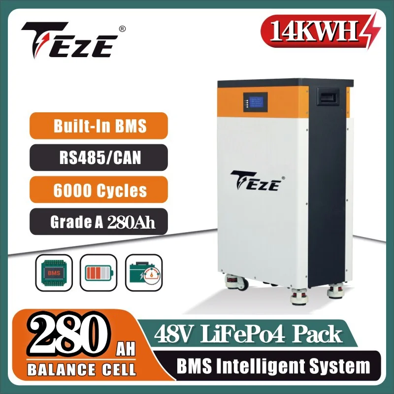 TEZE Upgrade 48/51V 14KWh 280Ah LifePo4 Battery PowerWall Home Storage Rechargeable Cell Built-in 100A/200A BMS Solar System