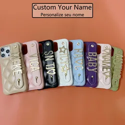 Personalized Initials Metal Name Letters Luxury Leather Phone Case For IPhone15 14 13 12 11Pro Max Crossbody Protective Cover