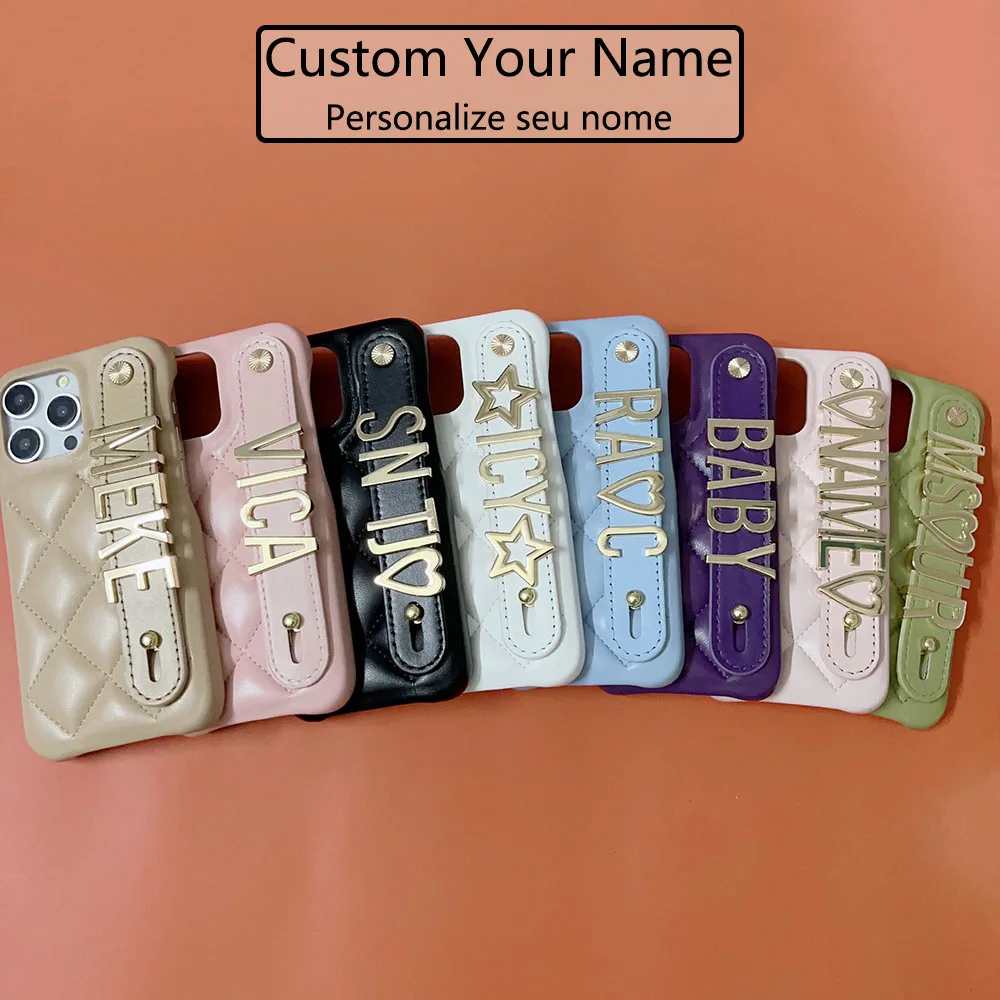 Personalized Initials Metal Name Letters Luxury Leather Phone Case For IPhone15 14 13 12 11Pro Max Crossbody Protective Cover