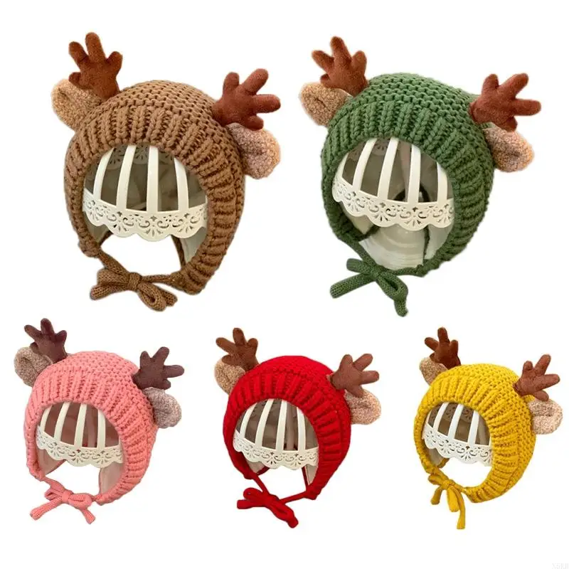 N5KB Baby Trapper Hat Earflap with Chin Strap Cartoon Deer Antlers Animal Knit