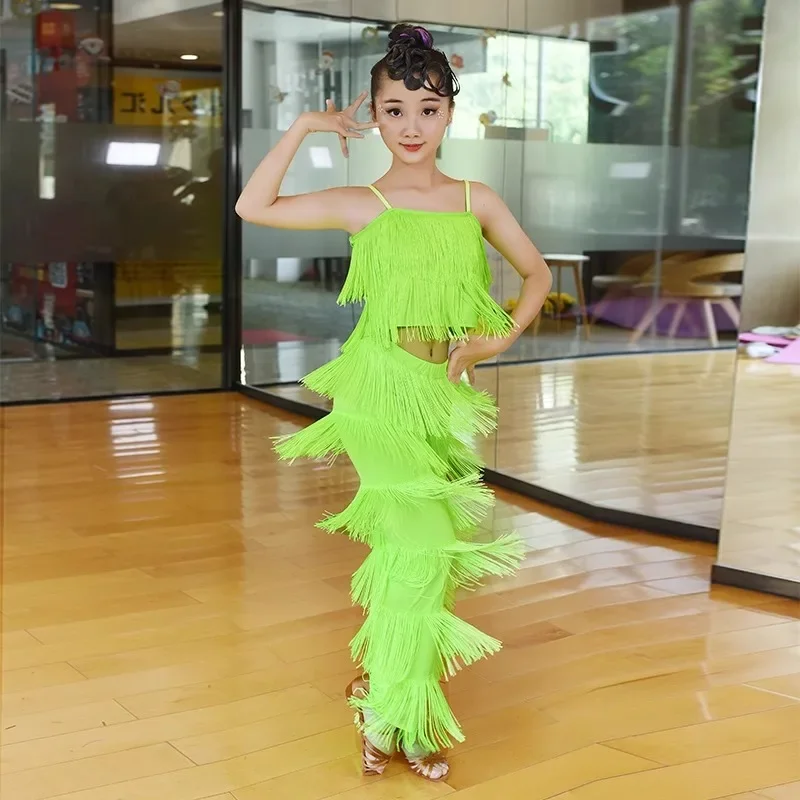 Odzież do treningu tańca latynoamerykańskiego dla dzieci, stroje do występów dla dziewcząt, stroje do tańca latynoamerykańskiego na zawody, stroje sceniczne z frędzlami