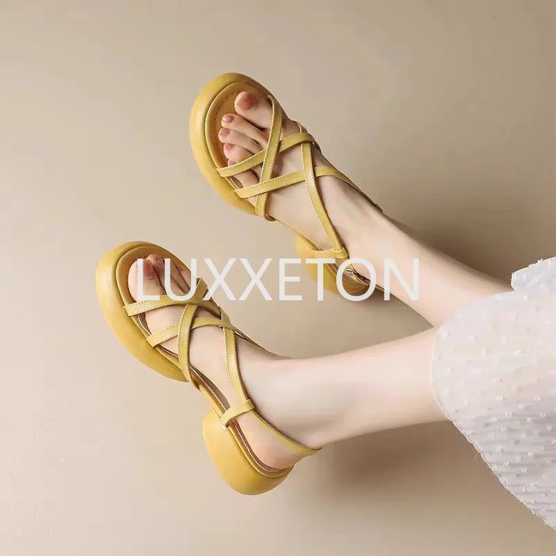 Women Wedge Sandals Summer New Fashion Round Toe Cross Belt Buckle Strap Size 35 40 Elegant Soft Women Yellow Sandals