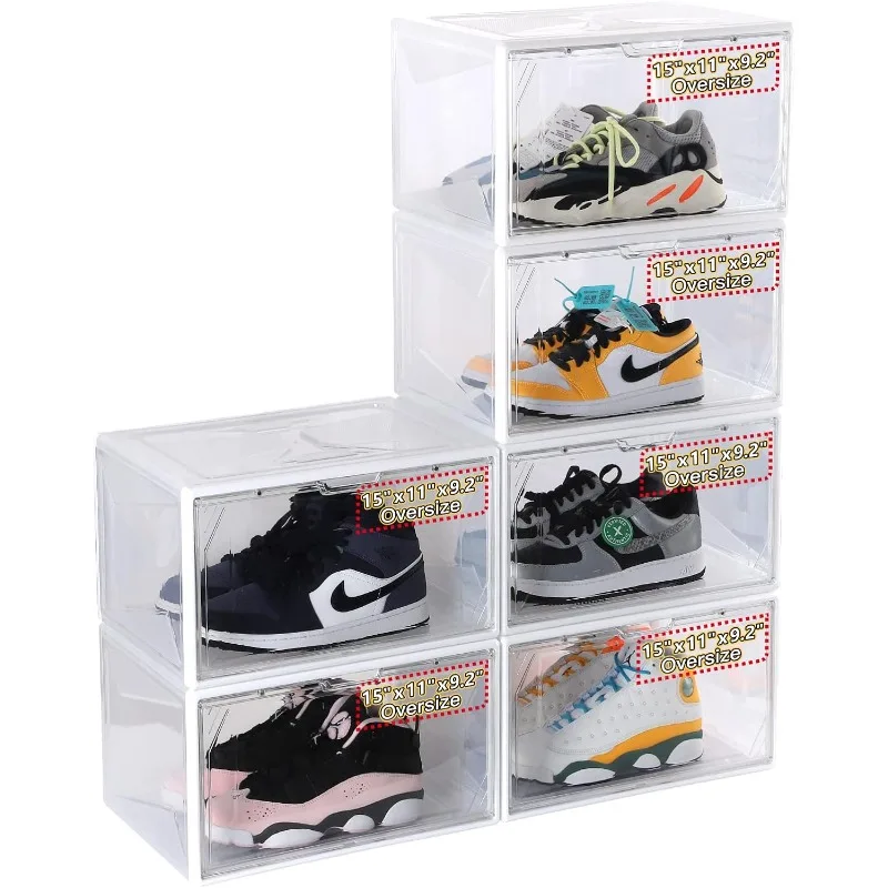 

Shoe Storage Boxes Organizers 15" x 11" x 9.25" Extra Large Size Sneaker Display Shoe Containers Clear Plastic Stackable(6 Pack)