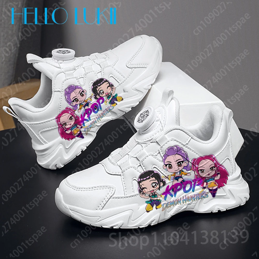 

Рождественская детская обувь KPop Demon Hunters с принтом, детская обувь для мальчиков и девочек, белые кроссовки из искусственной кожи высокого качества, простые белые кроссовки на толстой подошве