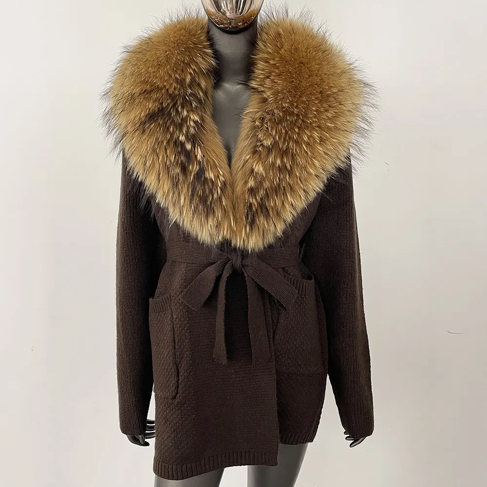 OFTBUY Giacca in pelliccia di procione naturale con cappuccio Autunno Cappotto in vera pelliccia di volpe Cardigan lavorato a maglia Capispalla donna Manica lunga Moda femminile