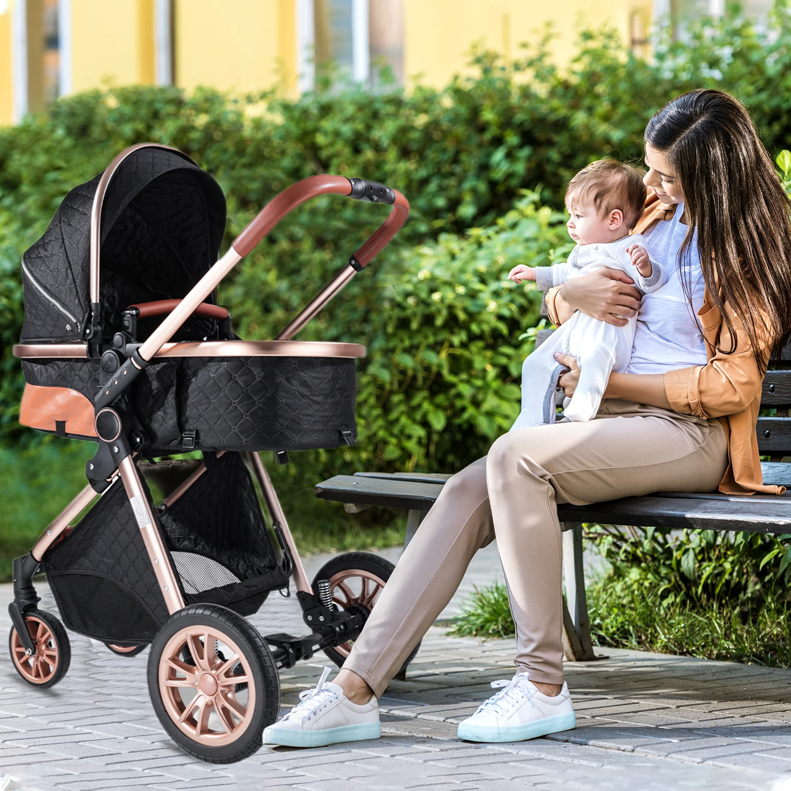 Wózek dziecięcy 3 w 1, składany, z amortyzacją, wózek turystyczny, który można popychać w obie strony