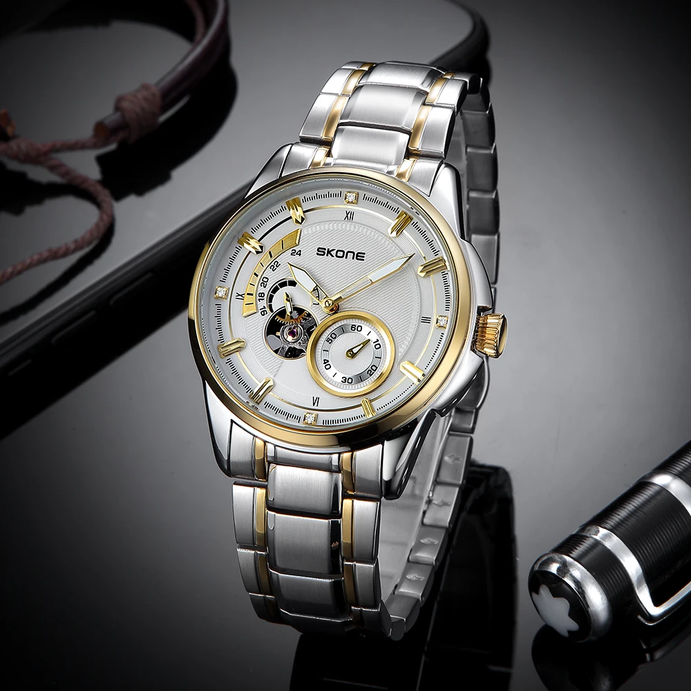SKONE Men's waterproof fully automatic mechanical watch with steel strip, trendy night light brand business watch