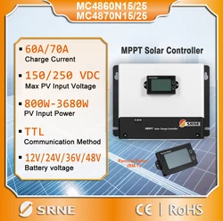 SRNE PV MAX Input 250VDC Controller solare PV MPPT 60A 70A regolatore Auto Match 12V 24V 36V 48V per Lifepo4 GEL di litio piombo acido