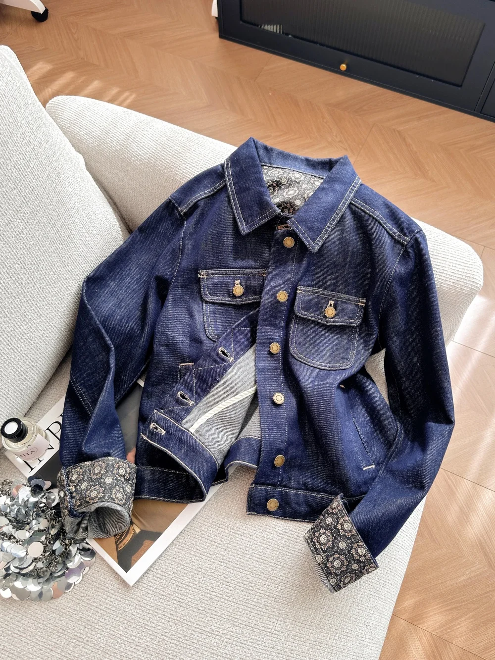 

Retro Splicing Deep Blue Denim Jaet Loose Fit Slimming Faionable Spring Autumn ex Casual Long Sve Button up Coat