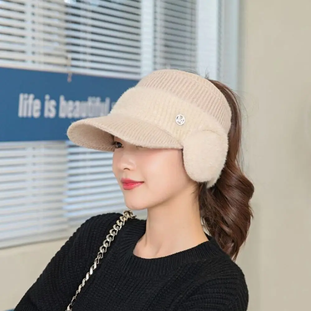 Ear Protection Empty Top Baseball Cap Thickened Windproof Earflaps Hats Solid color Korean Style Knitted Baseball Hat Autumn