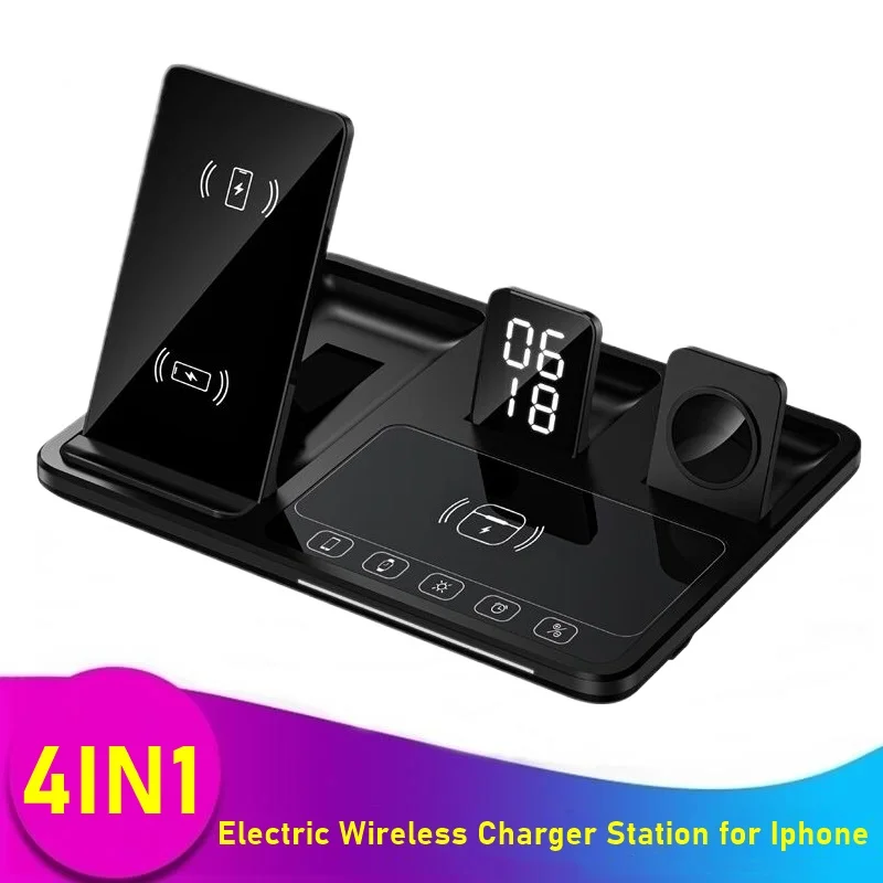 4IN1 Alarm Clock Wireless Charger Stand for Iphone 16 15 14 13 12 Pro Max Touch Control Charging Station for Airpods Apple Watch