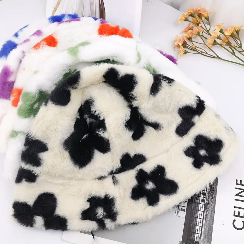 New Floral Plush Bucket Hat for Women Fur Fisherman Cap Winter Thick Warm Panama Caps Soft Velvet Furry Basin Hat Flower Bonnet