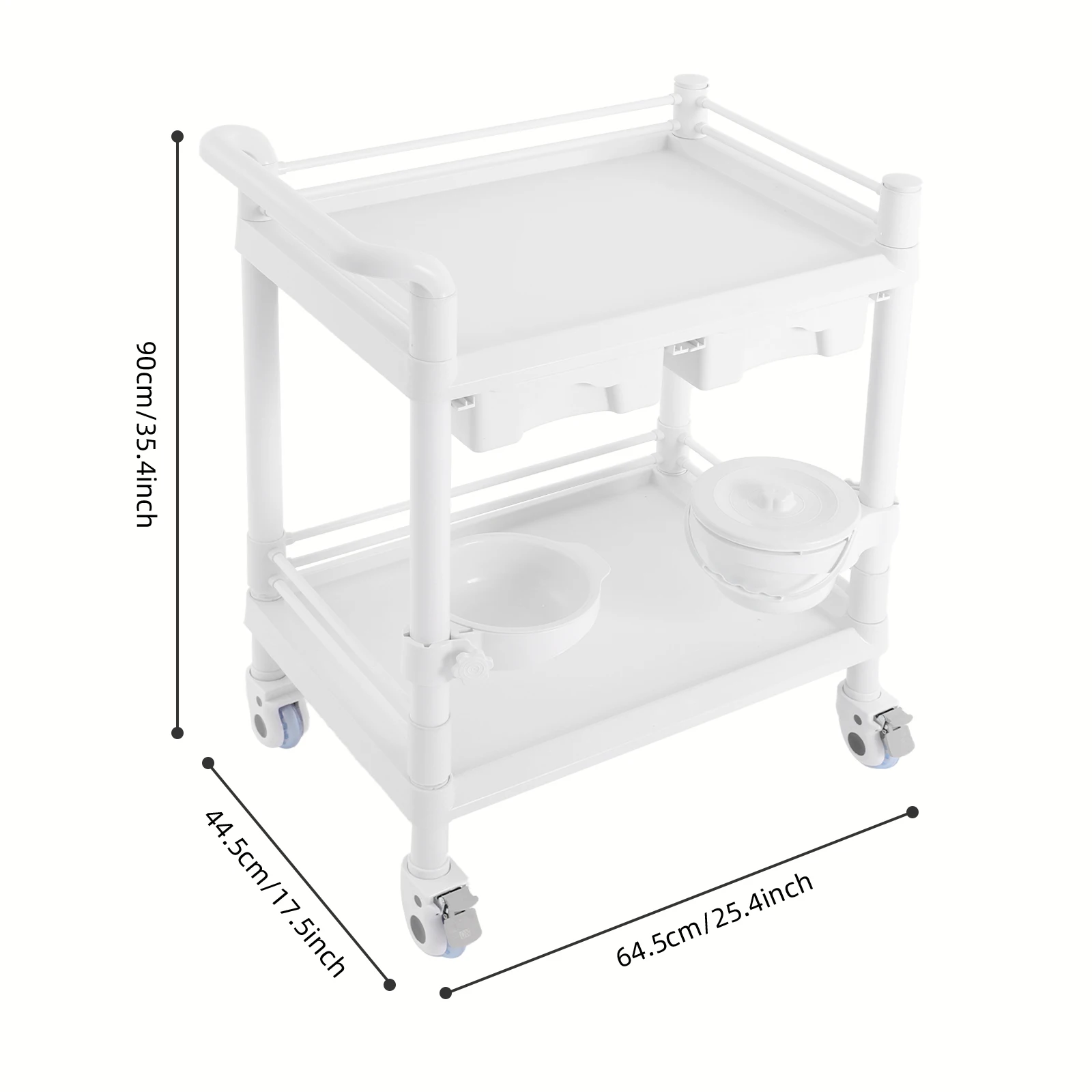 عربة طبية بيضاء مكونة من طبقتين، عربة عربة مختبر متنقلة مع درجين و4 عجلات للاستخدام المنزلي والتجاري للمستشفيات