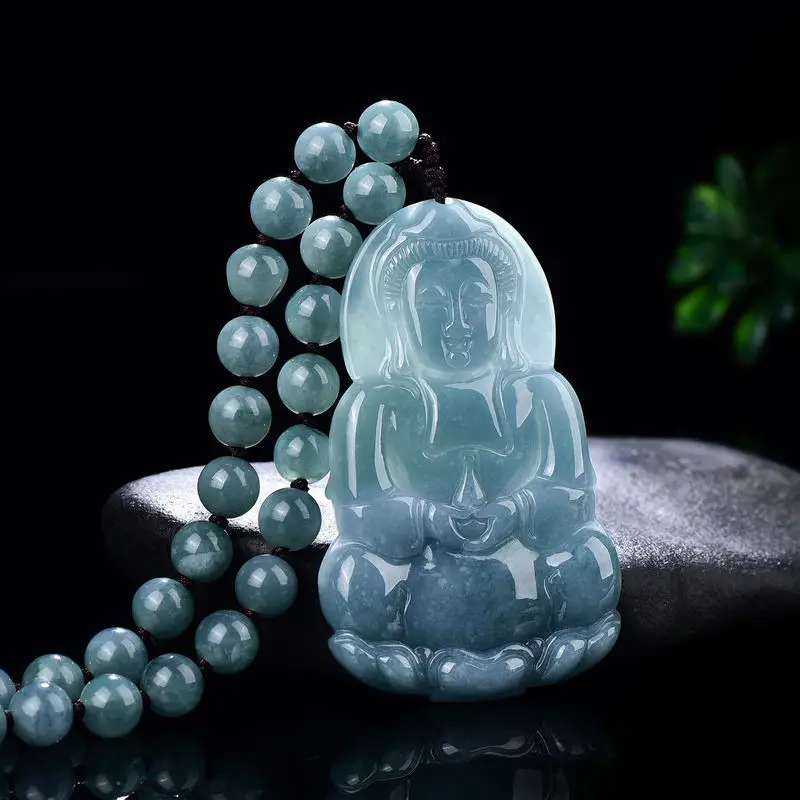 Genuine natural A-grade blue water Guanyin pendant, ice jadeite hanging ornament, high-end design for both men and women