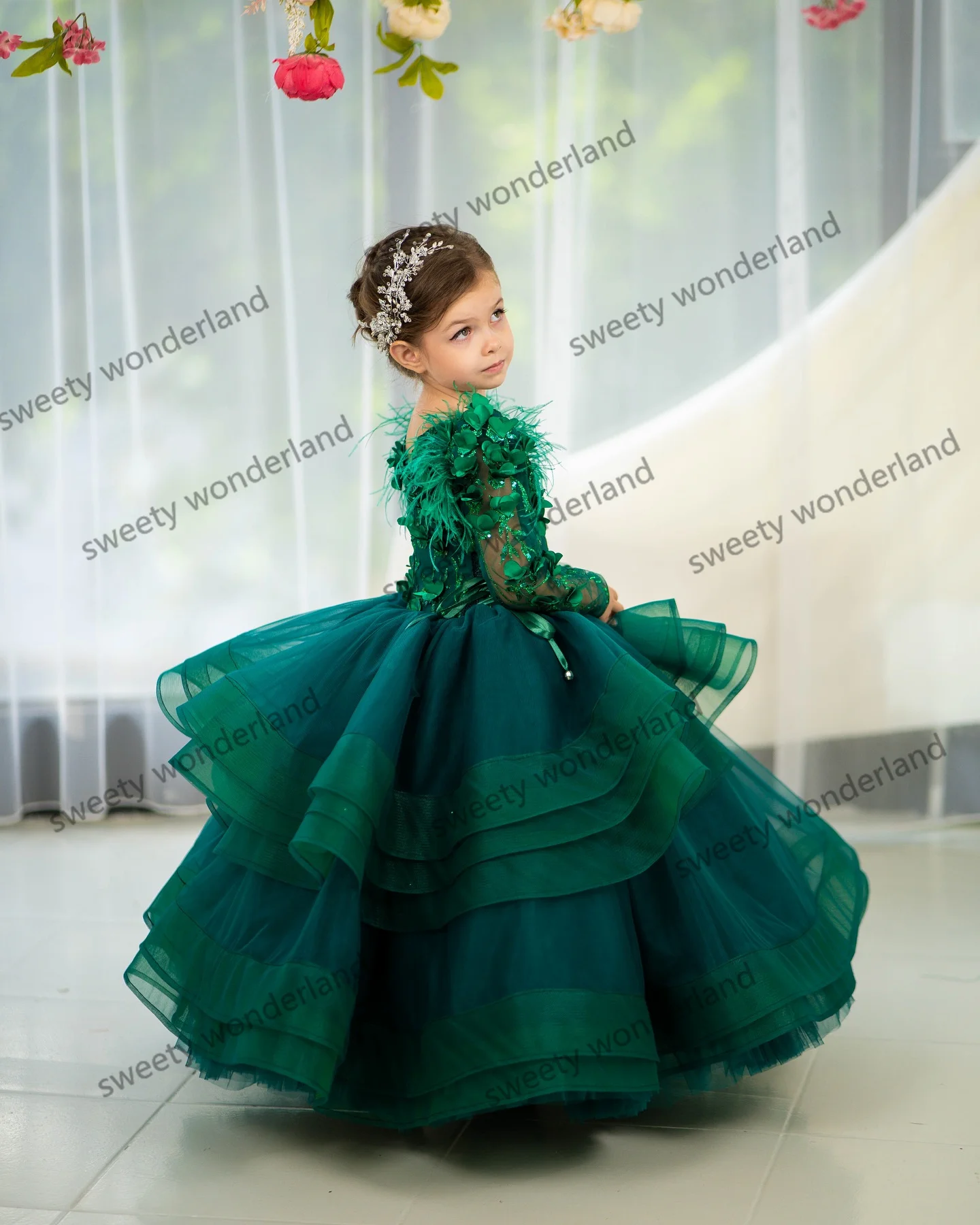 Fairy Flower Girls Dresses Long Sleeves Tiered Ruffles Floral Appliques Vestido De Novia Kids Formal Birthday Party Dress