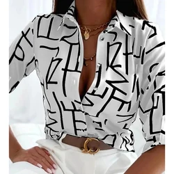 Women's Fashion Printed Shirt Pattern Button Top Slim Fit Comfortable Clothing Women's V-neck Button Casual Long Sleeve Shirt