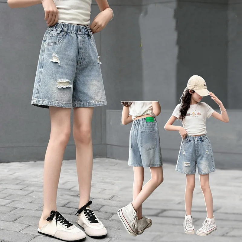 Slim Fit Kids Ripped Denim Shorts with Bow For Teenage Girls Casual Summer Destroyed Broken Shorts Children Cool Street Bottoms