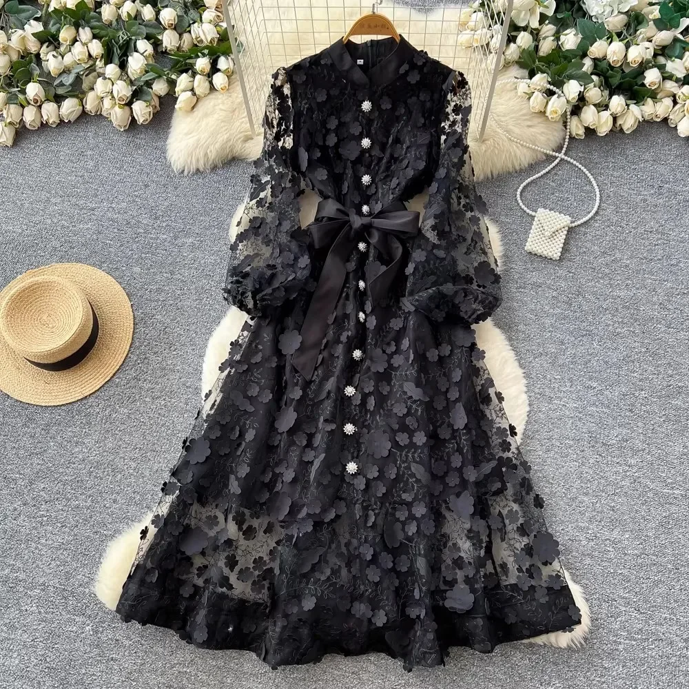 Greenora Autumn Luxury 3D Flower Embroidery Mesh Long Dresses Party Elegant Long Puff Sleeve A-Line Tulle Prom Formal Dress