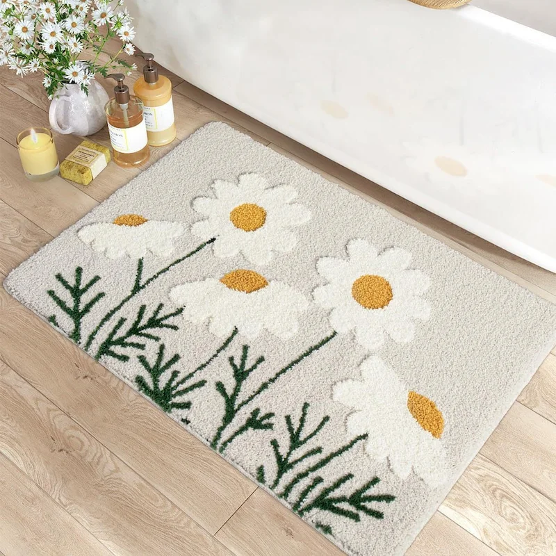 VIKAMA Floral & Cute Duck Bath Mat, Vintage Flower Duckling Soft Absorbent Non‑Slip Bathroom Rug Entryway Home Decor