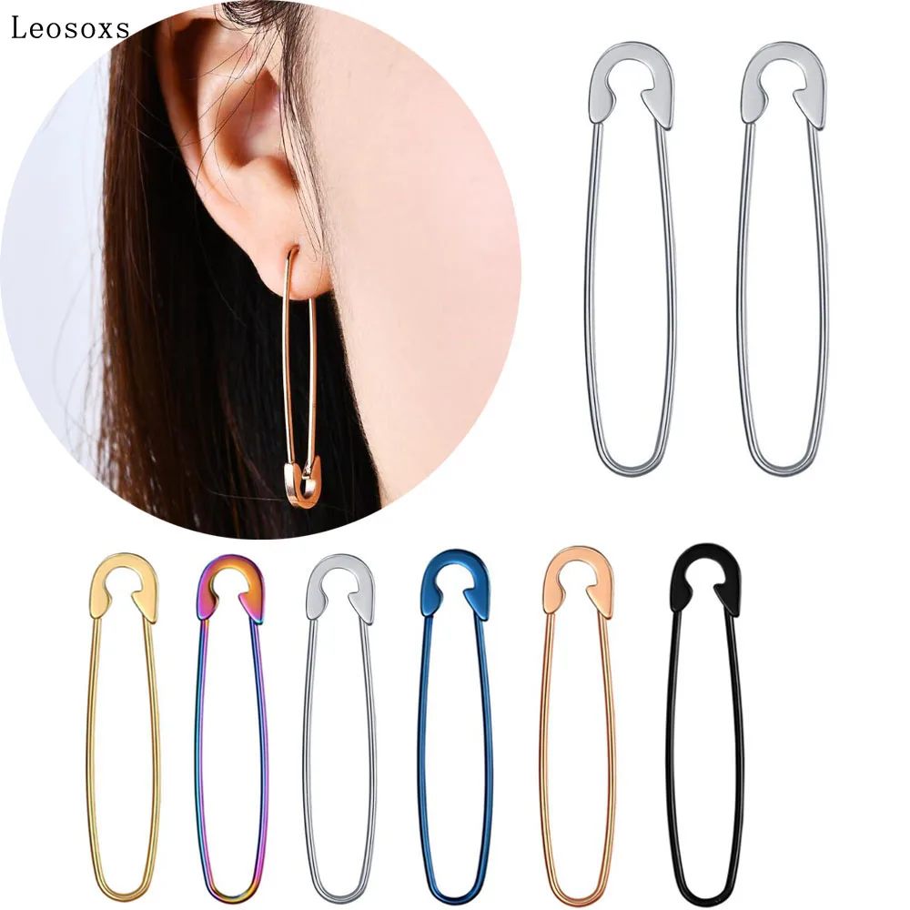 Leosoxs 2pc Punk Hip Hop Stainless Steel Safety Pin Stud Earring Gold/black/blue Color Fashion Earrings for Men and Women