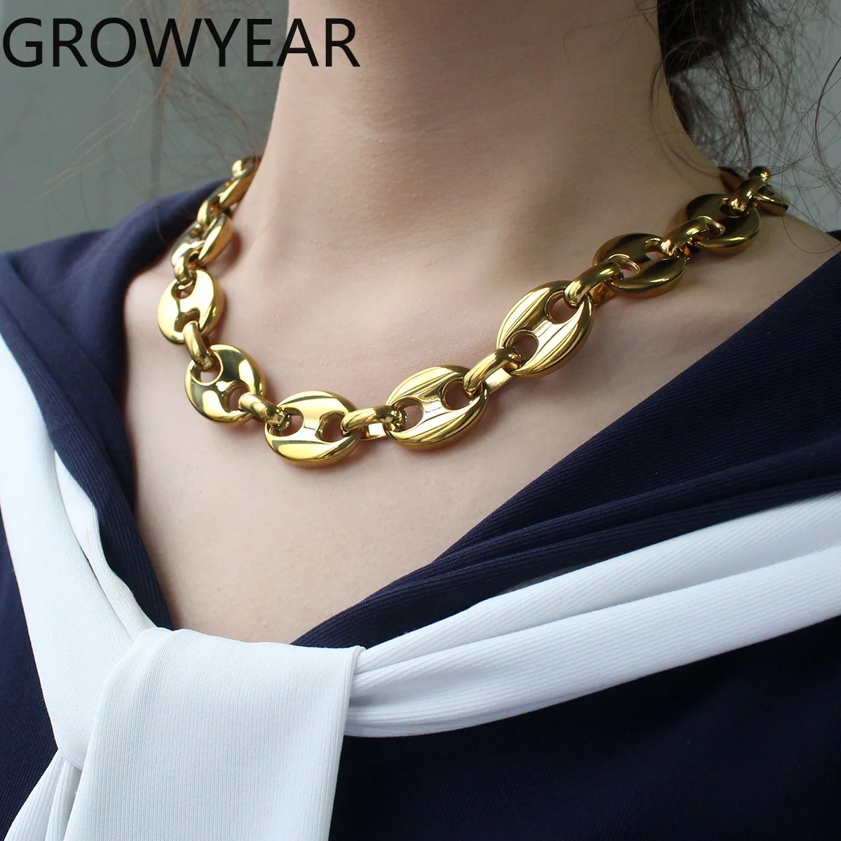 Collar llamativo de acero inoxidable chapado en oro PVD18K con cadena de eslabones de grano de café y colgante de nariz de cerdo, joyería para banquetes