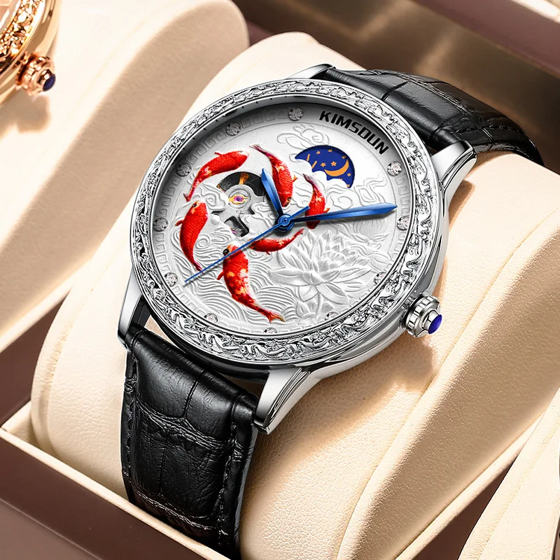 

Stainless Steel New Koi Moonphase Luminous Waterproof Precision Leather Strap Self-Wind Automatic Watch for Men