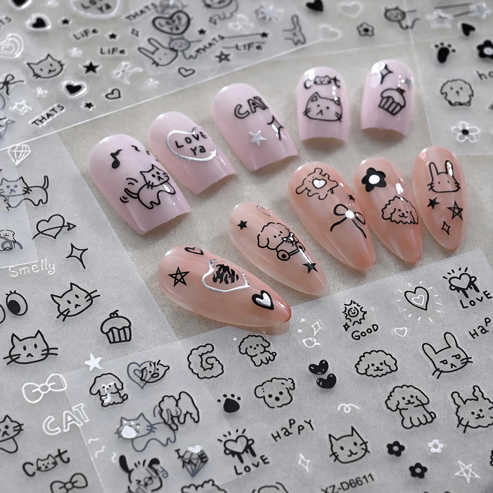 1/12pcs Kawaii Cartoon Dog Cat Nail Stickers Cute Black Line Animal Pattern 5D Embossed Nail Decals Lovely Pet DIY Nail Supplies