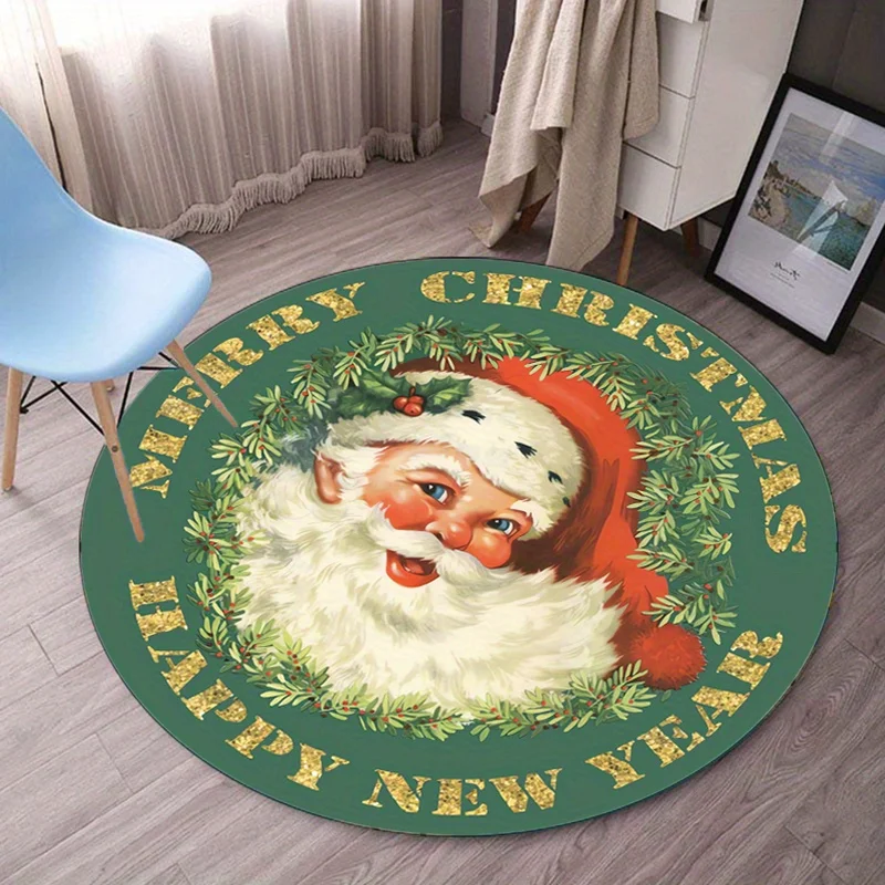 

Christmas Santa Claus Round Rug Holiday Decoration Green Gold Merry Christmas Happy New Year Festive Floor Mat