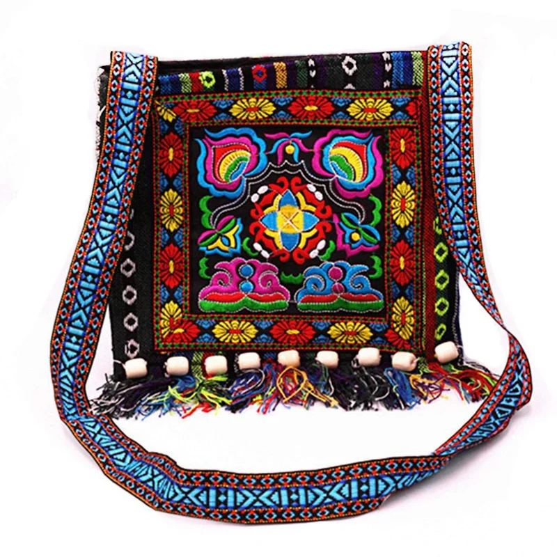 Hmong Vintage Chinese National Style Ethnic Shoulder Bag Embroidery Boho Hippie Tassel Tote Messenger