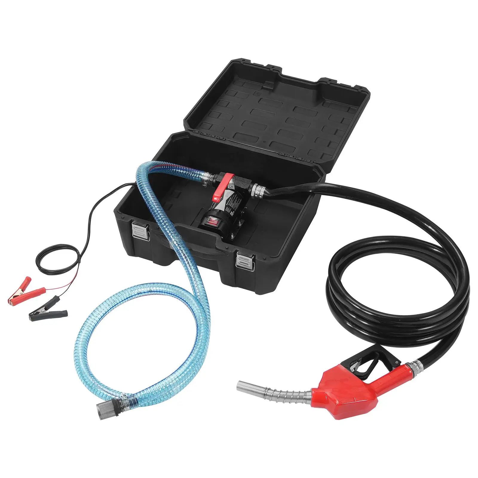 Fuel Transfer Pump, 12V DC 10 GPM 1/4 HP, Portable Electric Diesel with Automatic Shut-Off Nozzle, High Flow, Long Inlet