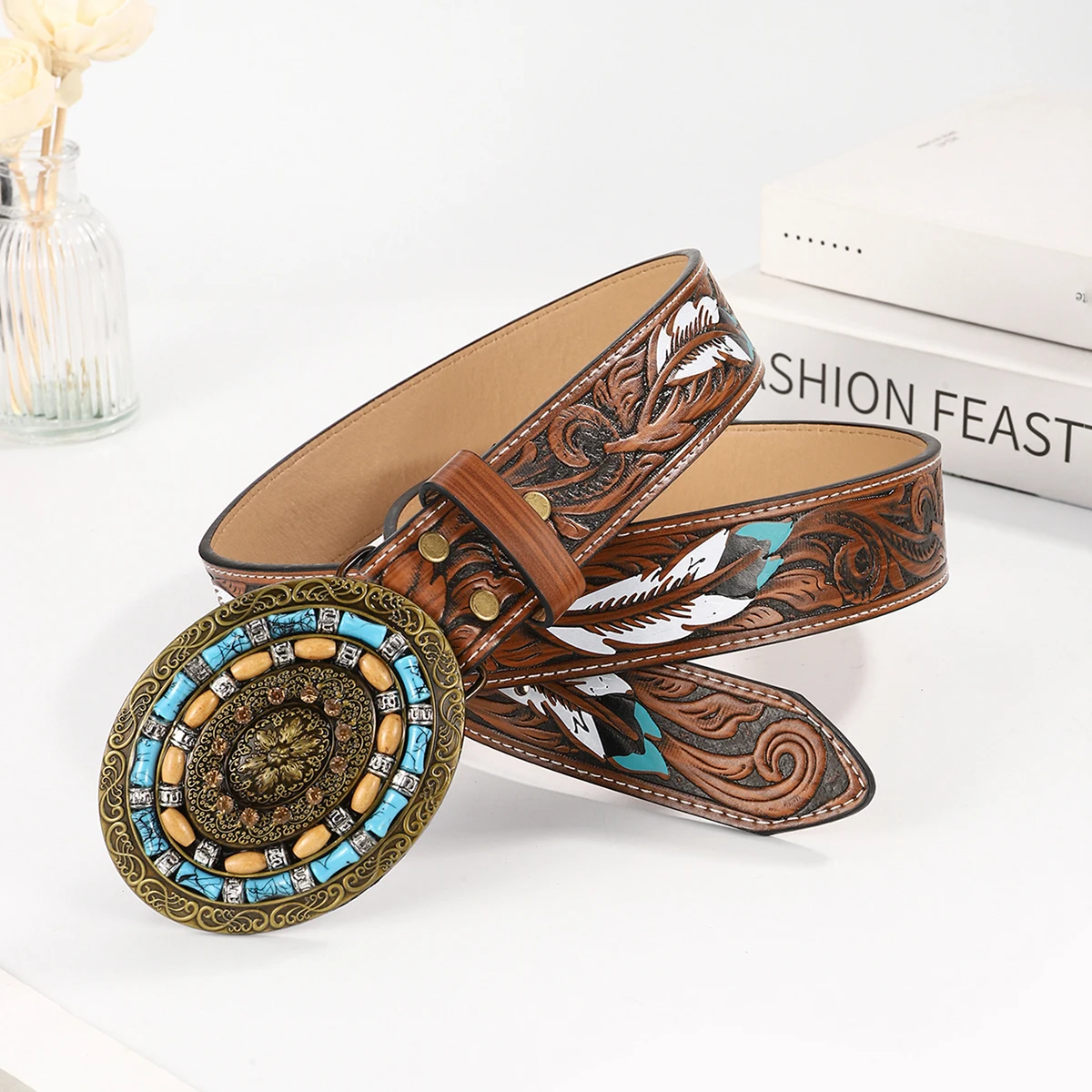 Warehouse Western Belt - Rustic Brown Faux Leather, Turquoise Feather and Floral Embossed, Alloy Buckle - Perfect for Jeans, Dre