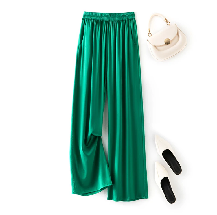 2024 Women's Fashion New 22MM Natural Mulberry Silk Elastic Satin Emerald Elastic Waist Pocket Design Casual Wide Leg Pants