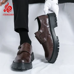 STRONGSHEN Men Leather Shoes Designer Casual Business Dress Oxfords Platform Loafers Slip-on Moccasins Thick Sole Wedding Shoes
