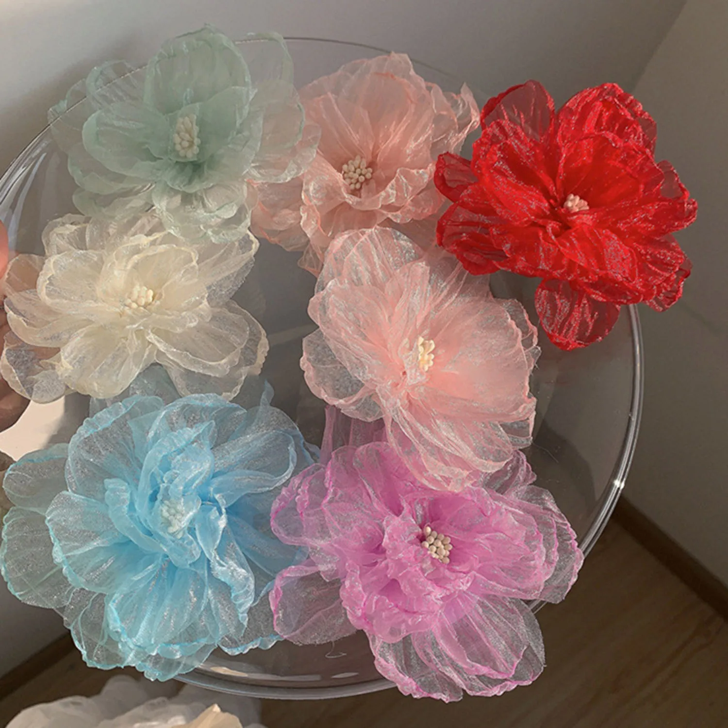 Spring Summer Organza Flower Hairpin for Children Girls Sweet Gauze Camellia Hair Clip Headwear Holiday Hair Accessories