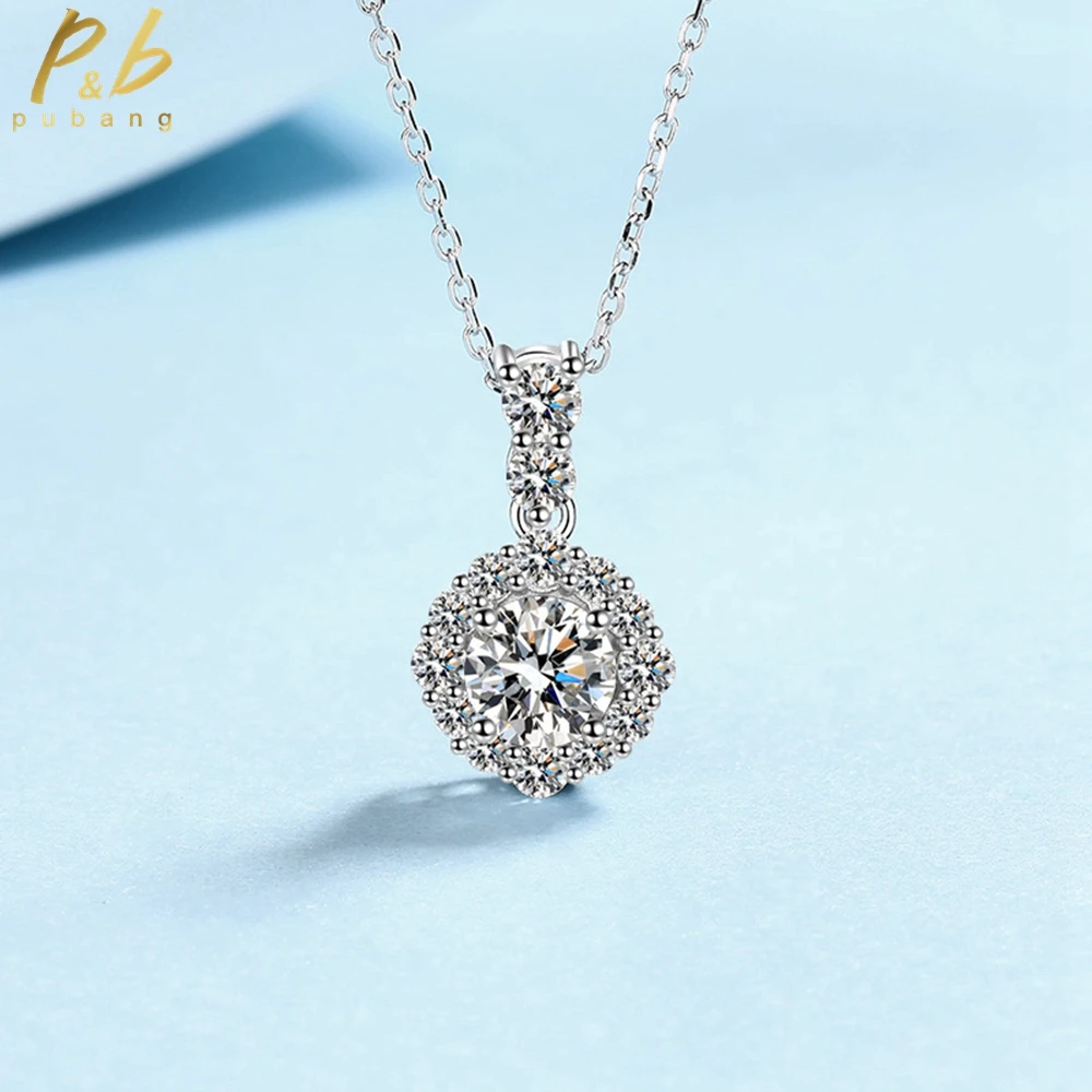 

PuBang Fine Jewelry 925 Sterling Silver Round Moissanite Diamond Sparkling Cocktail Pendant Necklacefor Women Gift Free Shipping