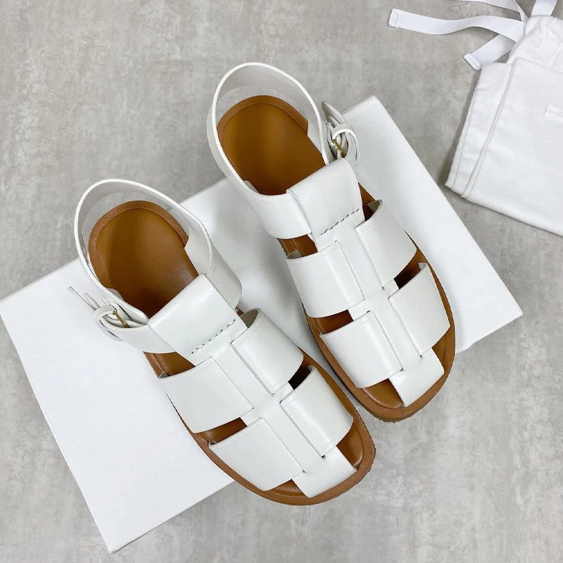 Donna-in Roman Sandals Women Genuine Cow Leather Weave Slingback One-piece Buckle Female Summer Flat Casual Shoes Handmade