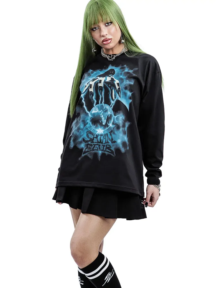 Women T-Shirt Satan Club 100% Cotton Long Sleeve Tops Graphic Goth Oversized Y2k Streetwear Autumn Korean Fashion Tees Clothing