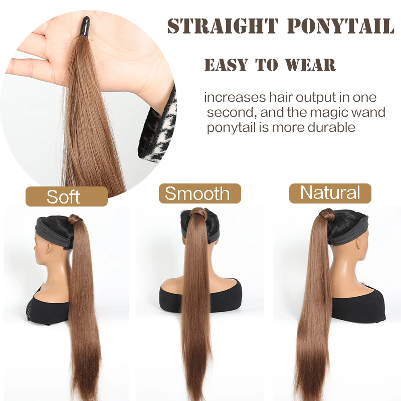 36 inch Extra Long Straight Synthetic Flexible Wrap Around PonyTail Extensions, Black Brown Blonde Red ponytail Hairpieces