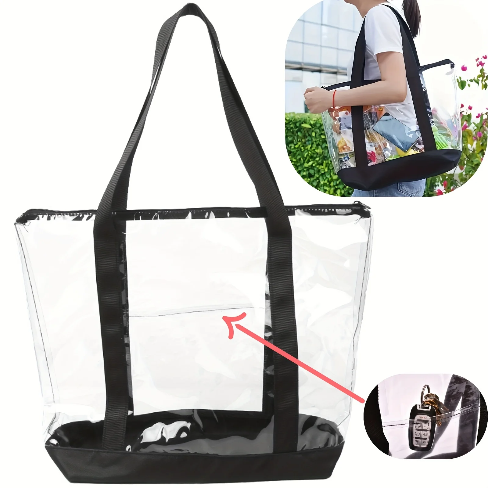 

Clear Tote Bag For Stadium Events, Transparent Shoulder Bag With Zipper, Women's Fashion Handbag For Beach, Travel, Sports Event