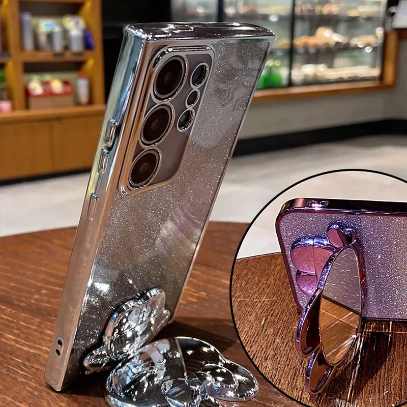 بريق مرآة أرنب حامل حافظة لهاتف سامسونج S25 FE Edge S24 S23 Ultra Plus A17 07 56 55 36 35 26 25 16 06 05 05S M/F/C/55 غطاء