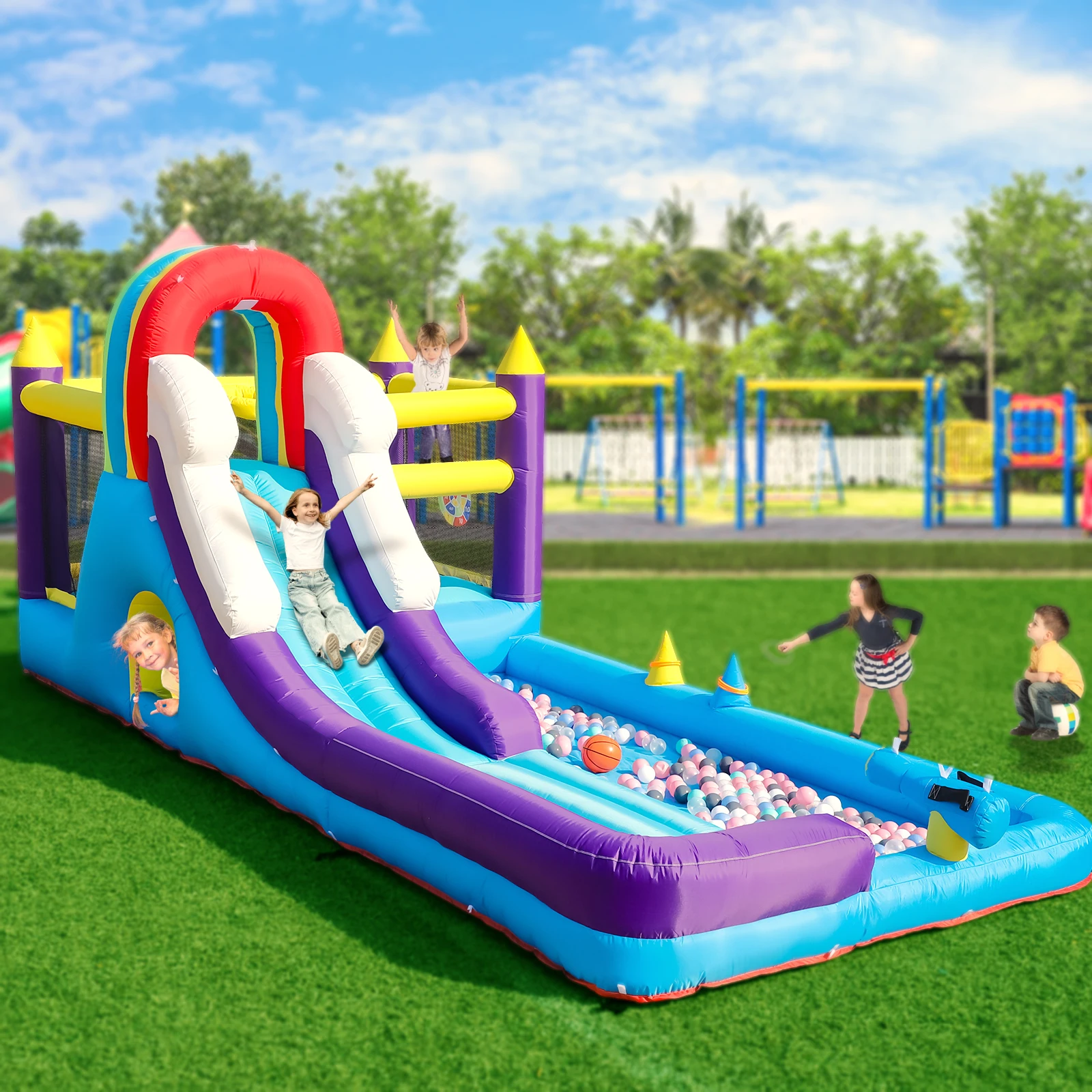 Nadmuchiwana tęczowa zjeżdżalnia wodna Nadmuchiwana trampolina plac zabaw dla dzieci basen dla dzieci nadmuchiwana zjeżdżalnia