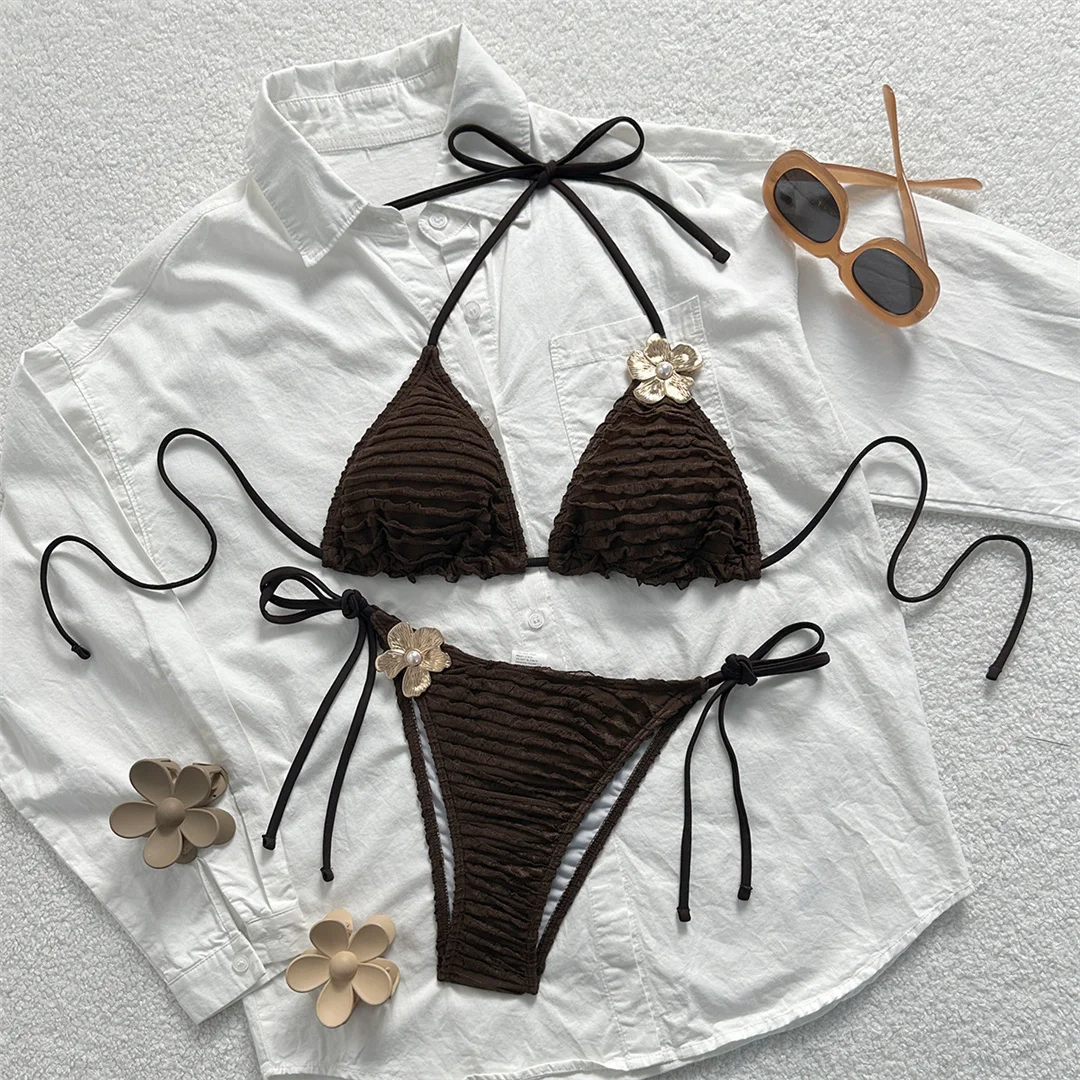 Zweiteiliges Bikini-Set mit Metallblumen-Design, Neckholder-Bikini, Damen-Badeanzug, Damen-Bademode, geraffter, gepolsterter Badeanzug, Badebekleidung, Modell V7478. – Detail 31