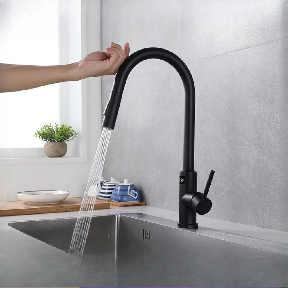 retractable stainless steel black universal rotary touch washing basin sink induction digital display hot and cold faucet