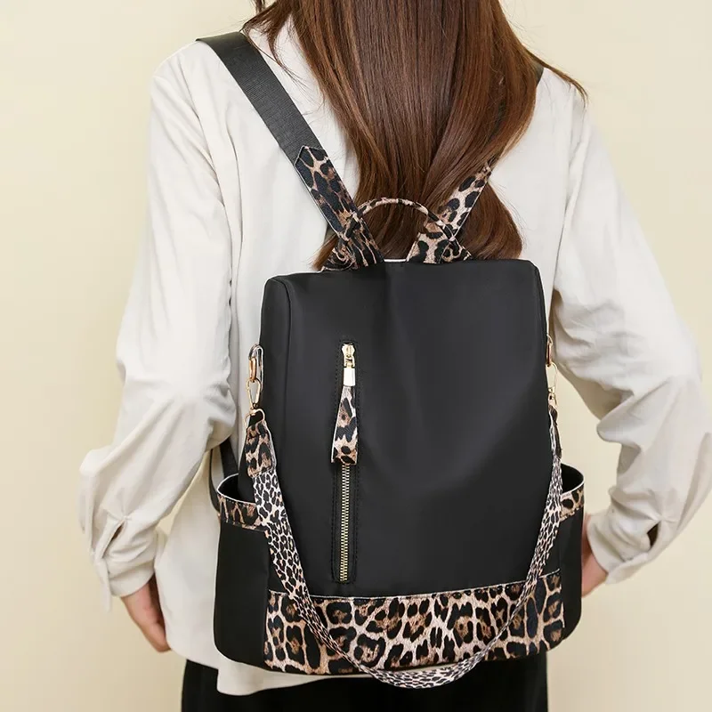 Nylon Casual Women's Fashion Backpacks Large Capacity 2024 Simple Leopard Print Interior Zipper Pocket Basic Style Backpacks