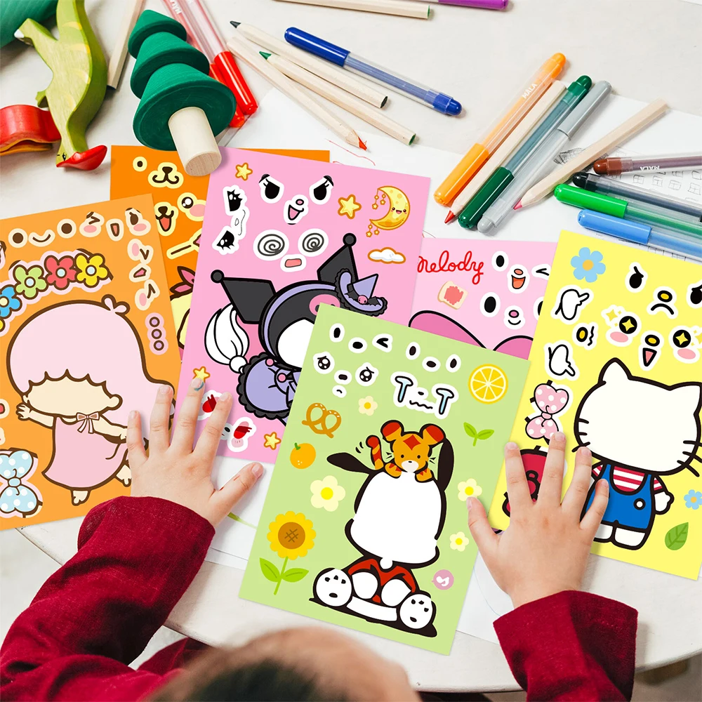 6/12sheets Cute Cartoon Sanrio Anime Puzzle Stickers Make A Face DIY Children Funny Game Assemble Jigsaw Educational Toys Decals