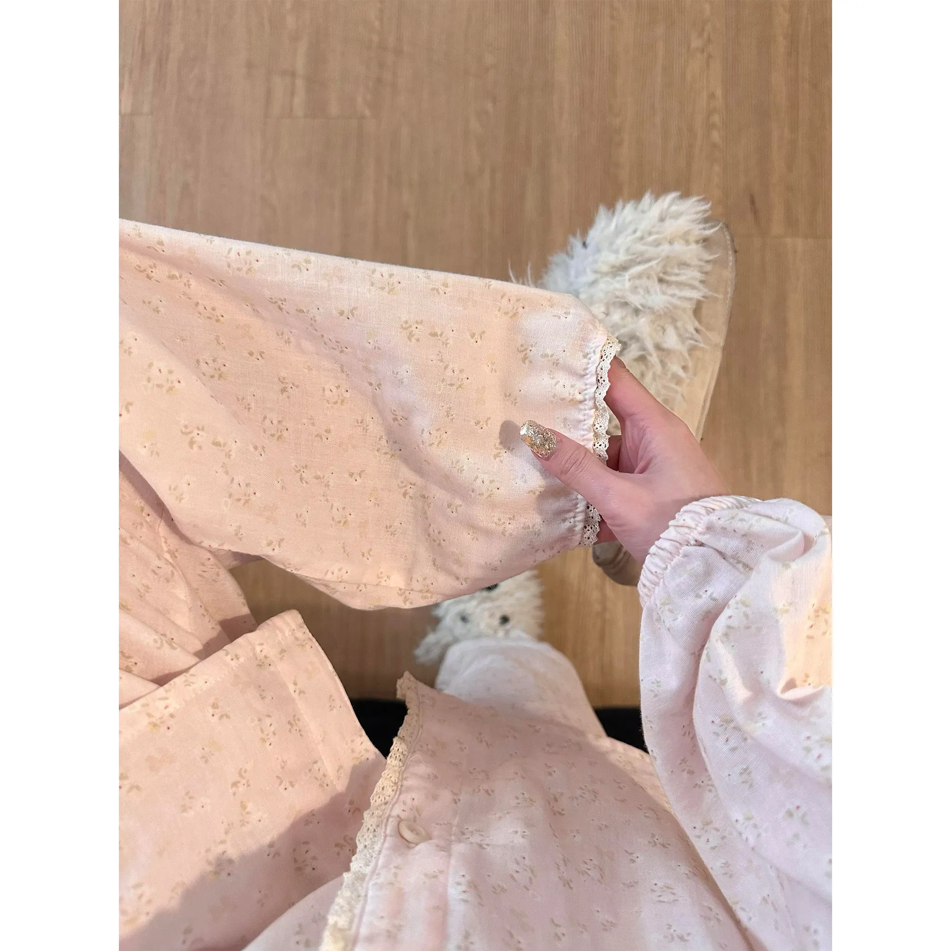 

Spring Autumn Cloud Cotton Sleepwear Women Long Sleeve Long Pants Pink Floral Lace Trim Gentle Home Clothes Set Sweet Style